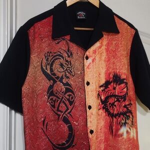 Men's Vintage Black and Red Dragon Print Casual Button Down Shirt